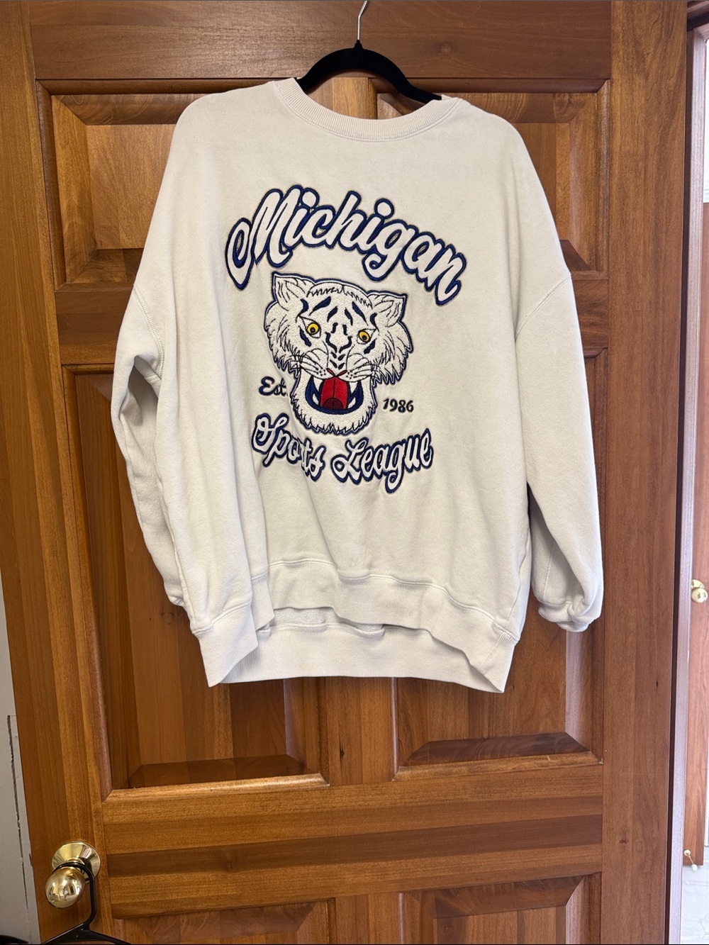 Cream Crewneck Sweater with Blue & Red Graphic